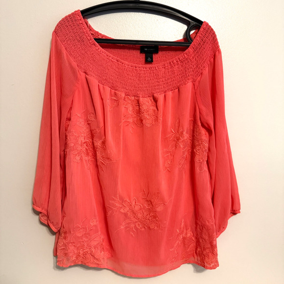 AB Studio Women Size XL Coral Blouse Top Embroidery Floral Fairy Sheer Lined - Picture 1 of 12